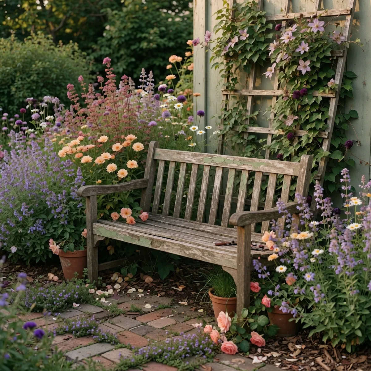A wooden garden bench nestled among blooming perennials and climbing ivy in warm sunlight.