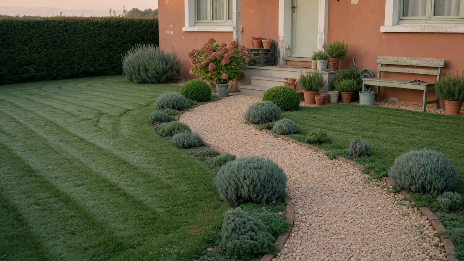 A tidy front garden with a gravel path and trimmed shrubs leading to a house entrance.