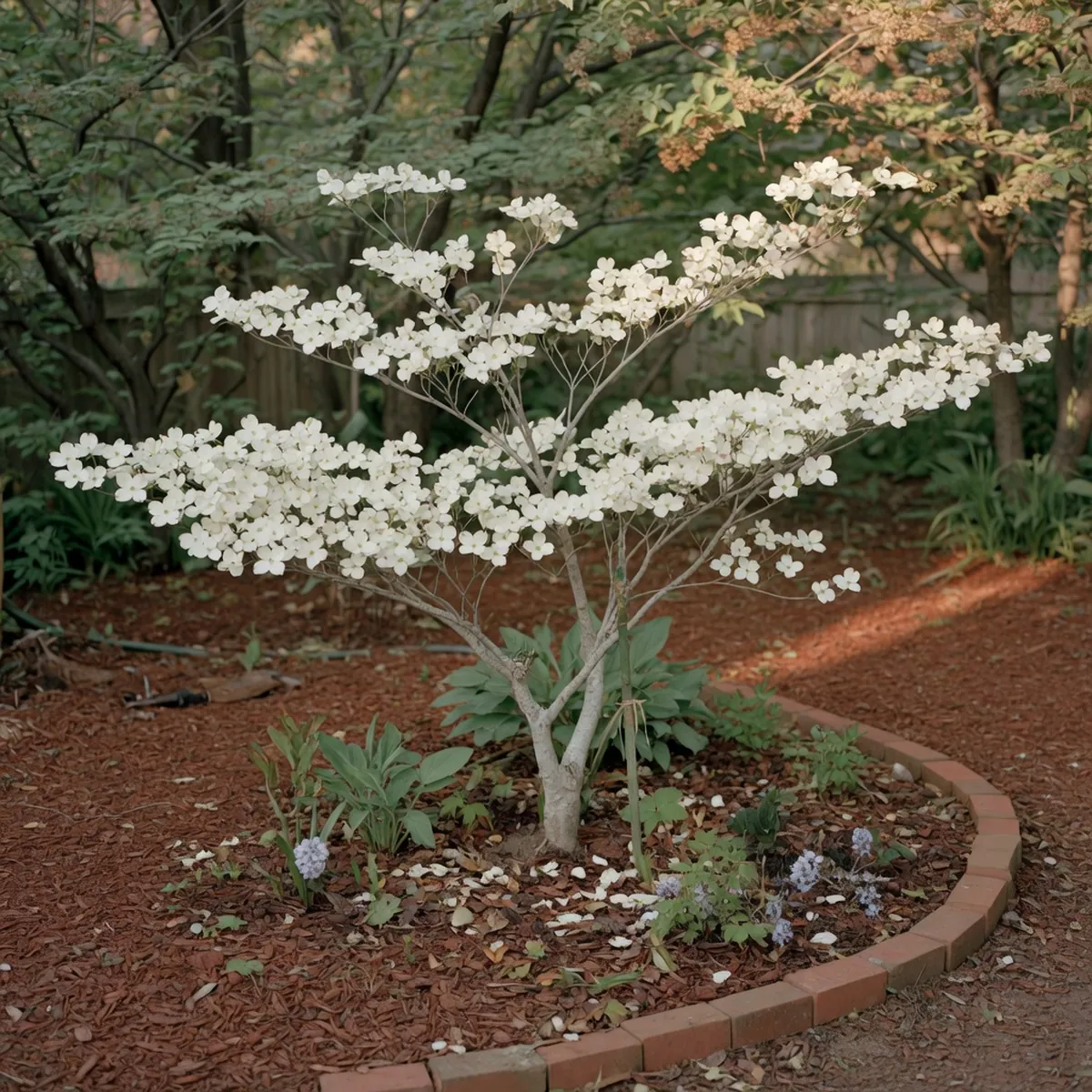 A white flowering dogwood tree with creamy blossoms growing in a partially shaded garden bed with mulch.
