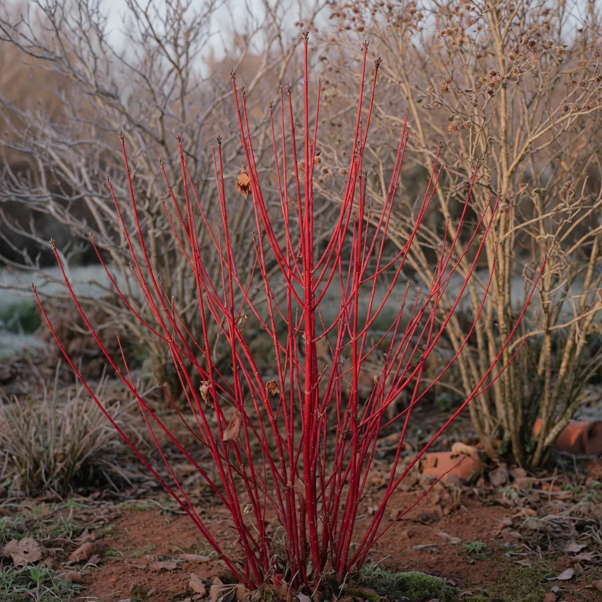 A redtwig dogwood shrub displaying vibrant red stems against a backdrop of bare winter branches.