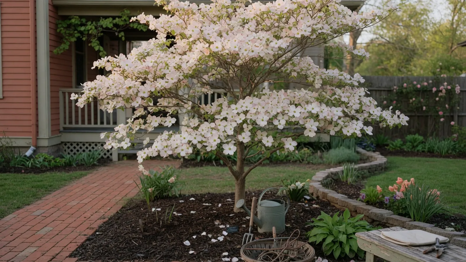 A healthy flowering dogwood tree in full bloom within a well-maintained residential garden.