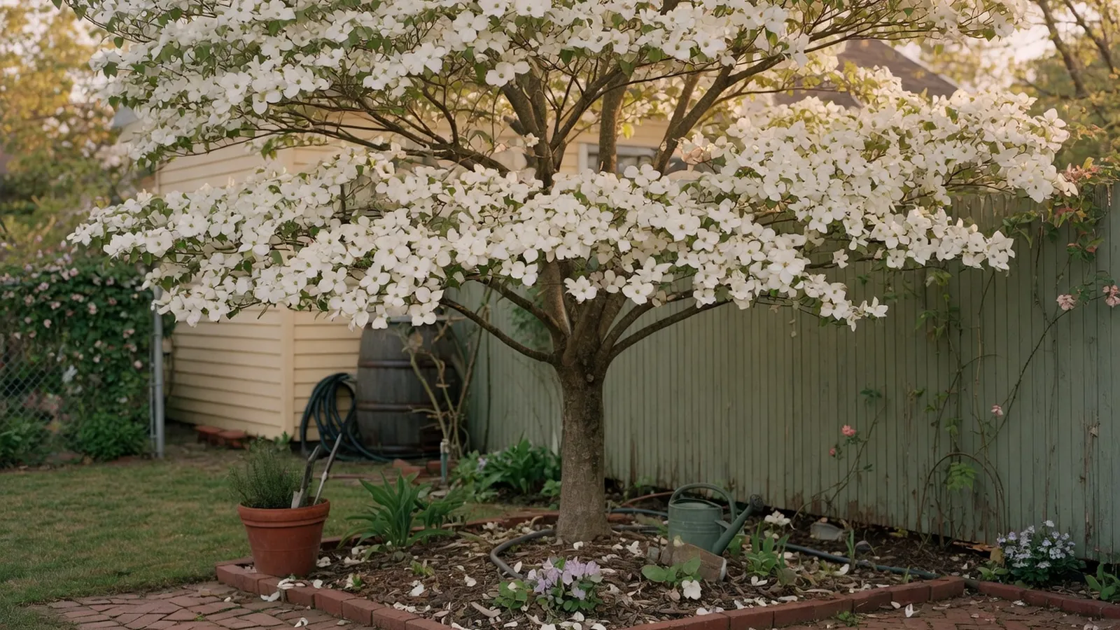 A flowering dogwood tree in full bloom with white petals against a soft green background.