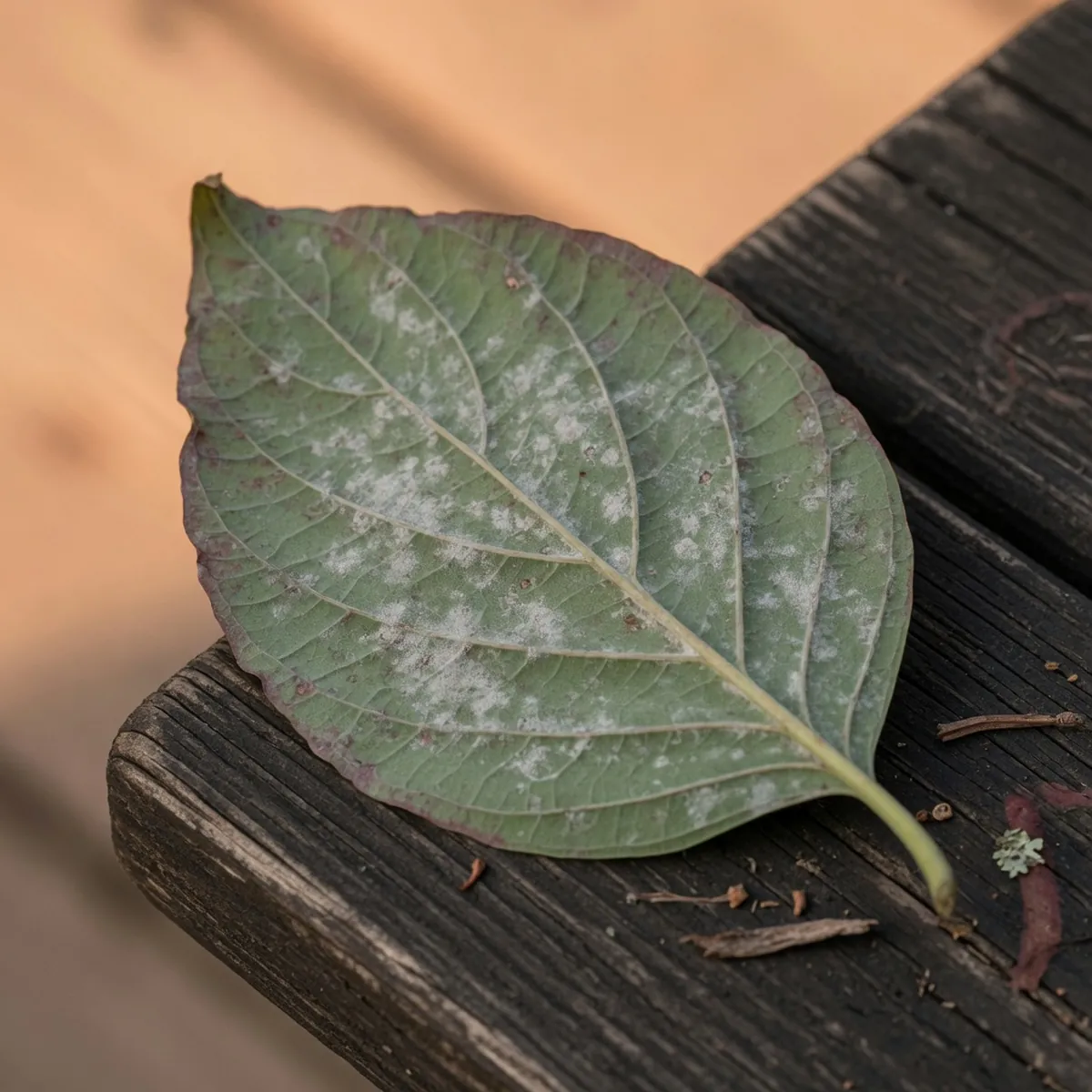 A dogwood leaf exhibiting the characteristic dusty white fungal coating of powdery mildew.