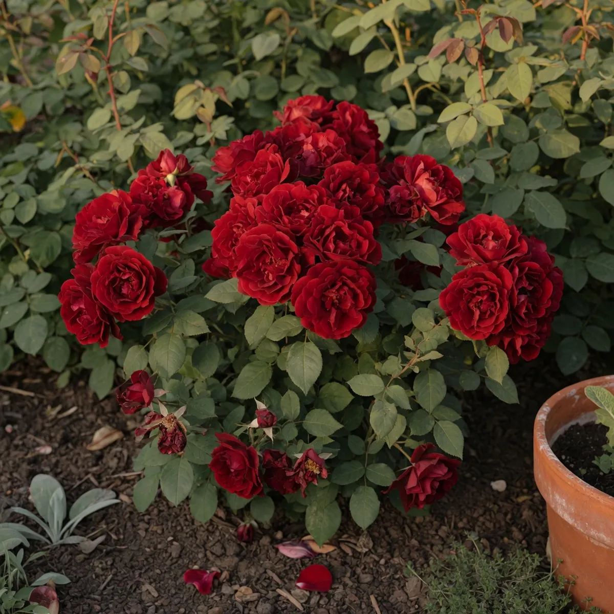 A cluster of vibrant red double knockout roses blooming in a garden bed.