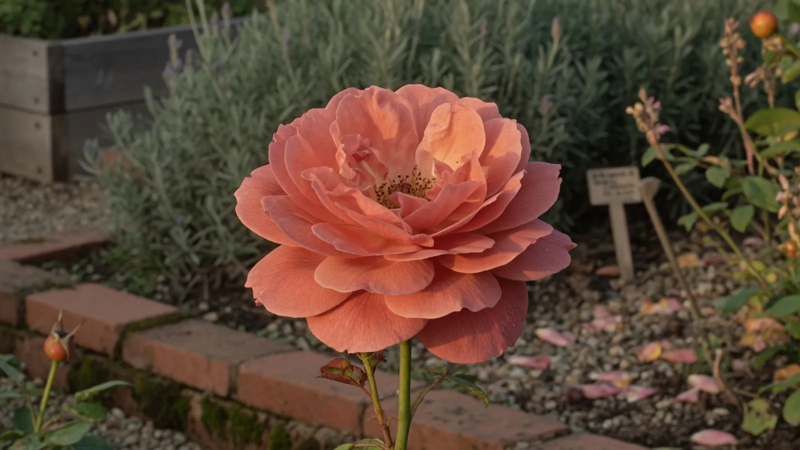 A fully opened double knockout rose with layered petals on a sturdy green stem.