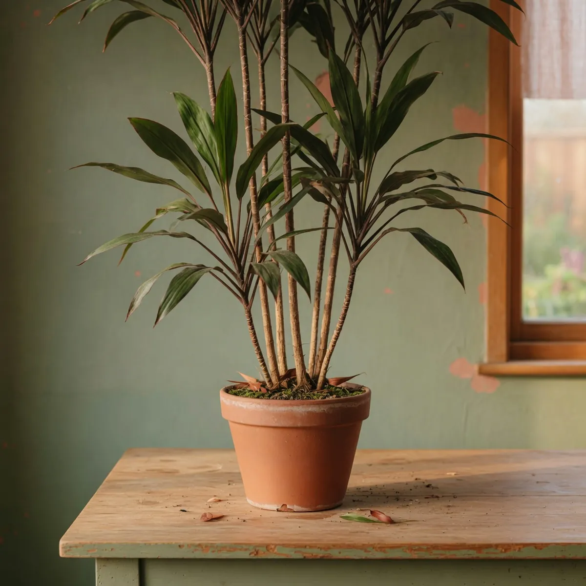 A dracaena plant displaying dark green leaves with distinct dark red margins along the edges.