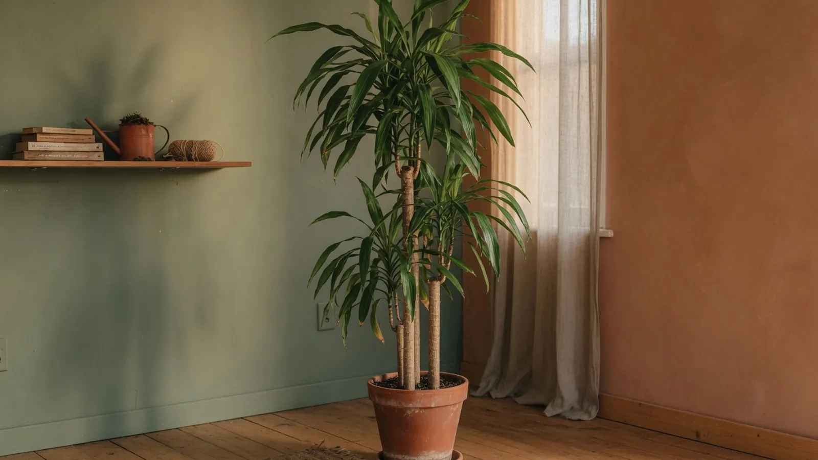 A healthy dracaena houseplant with upright woody stems and lush green foliage in a modern interior setting.
