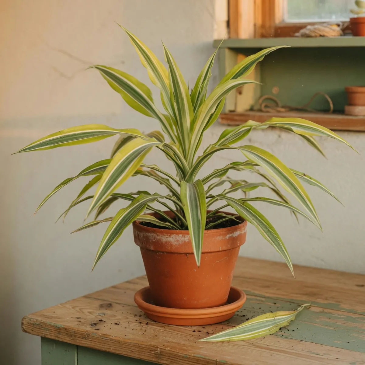 A potted dracaena plant displaying long, pointed leaves with distinct yellow and white stripes.