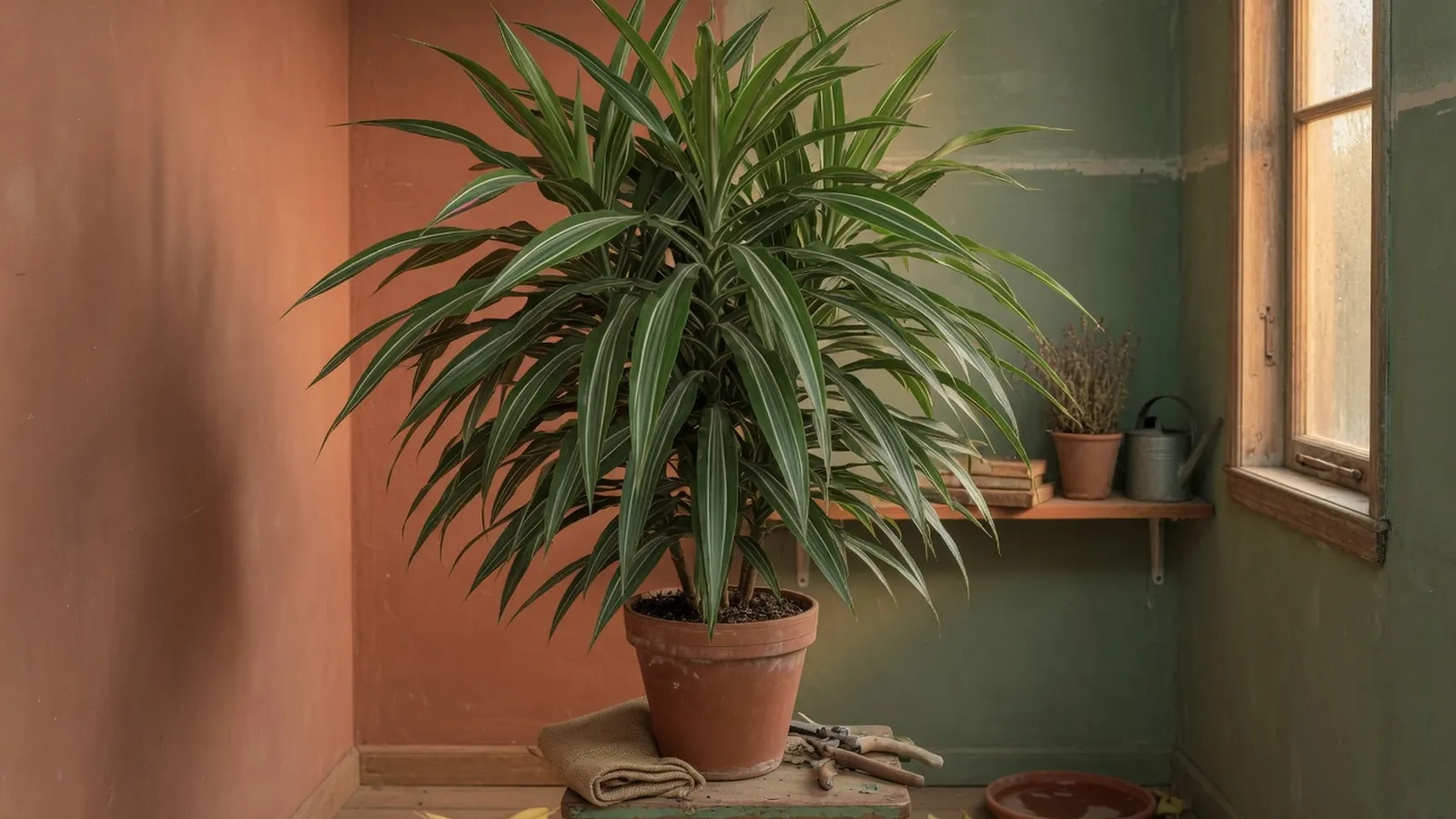 A lush dracaena houseplant with vibrant green foliage and distinctive striped leaves.
