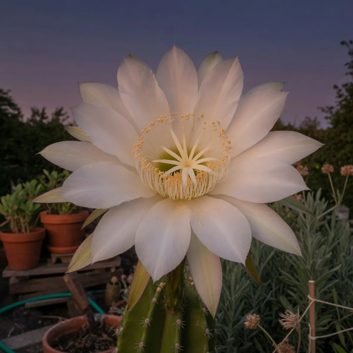 A large white dragon fruit flower with prominent stamens blooming in the evening.
