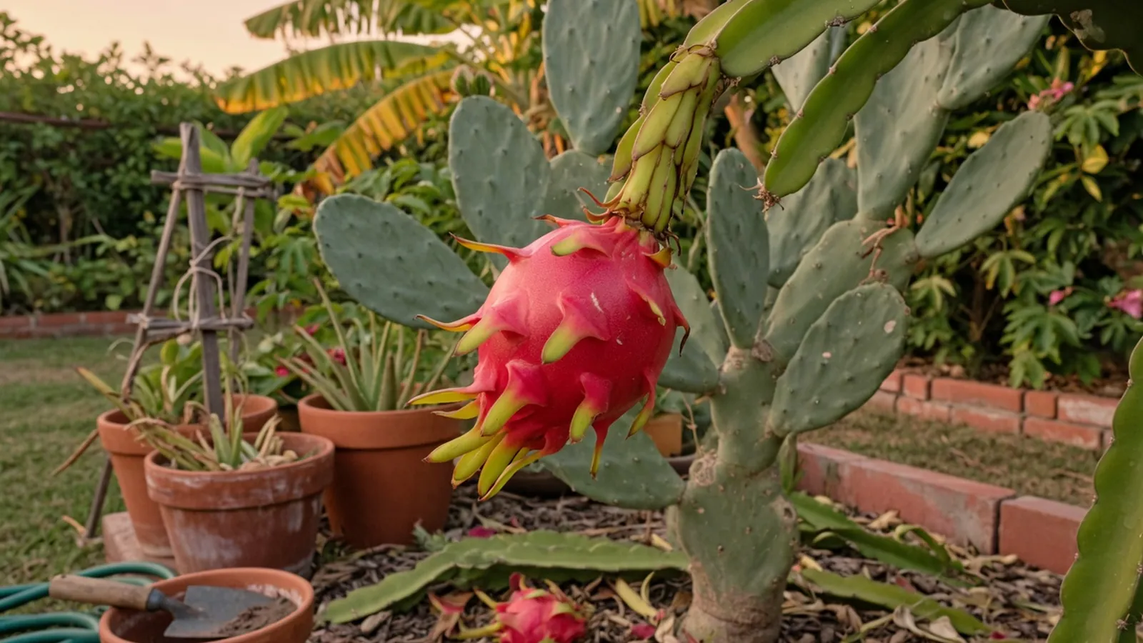 A ripe red dragon fruit hanging from a green vine-like cactus stem.