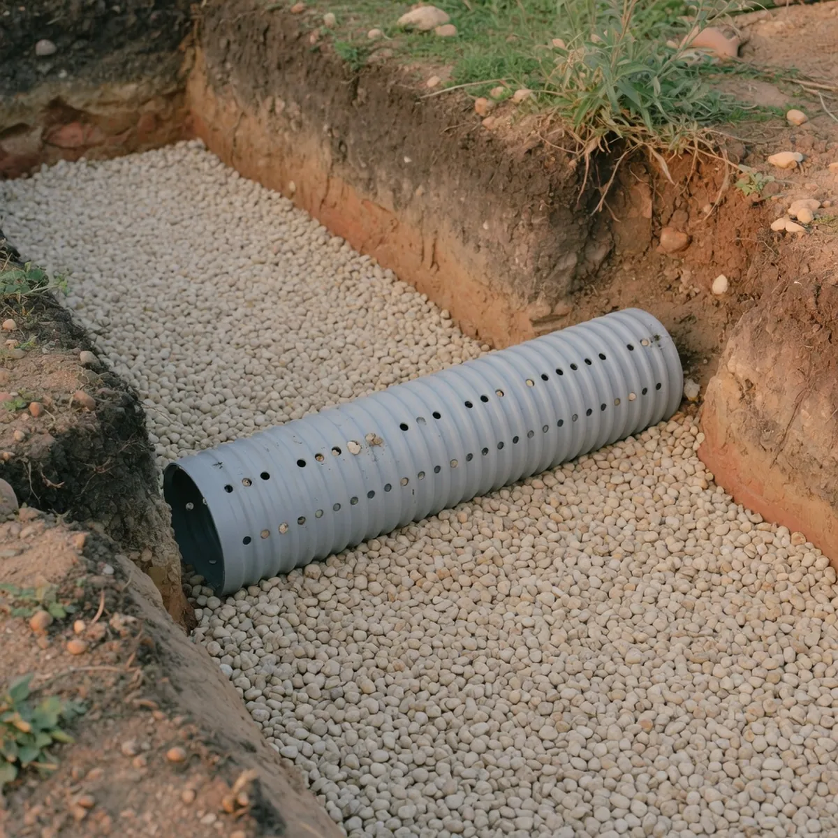 A grey perforated drainage pipe resting on a bed of clean gravel inside a dug-out garden trench.