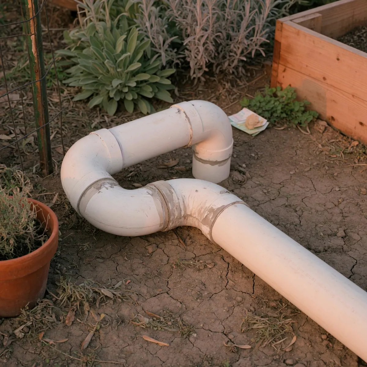White PVC drainage pipes connected with cemented joints resting on compacted soil in a yard.