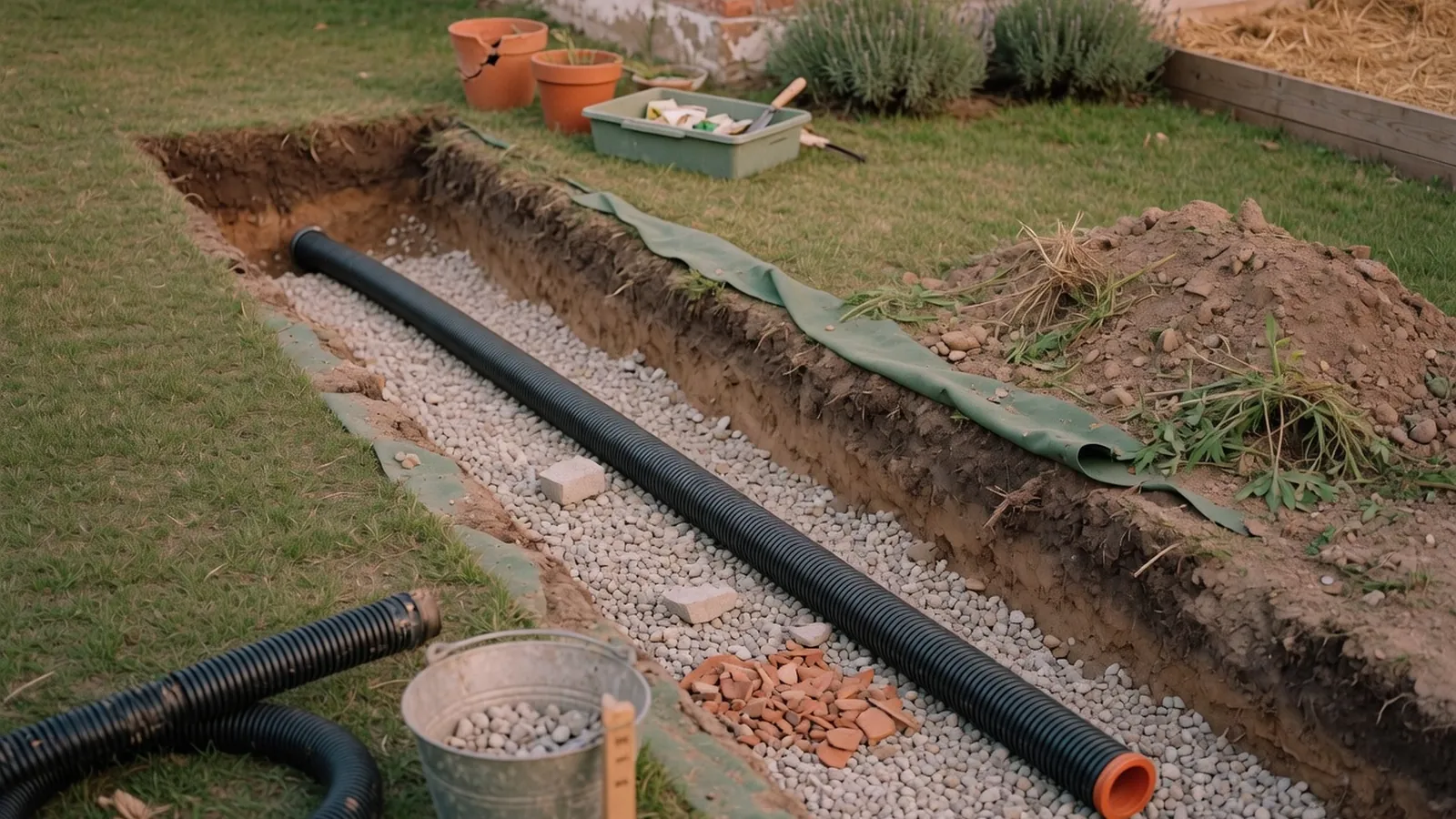 A prepared garden trench lined with gravel and a perforated drainage pipe ready for installation.
