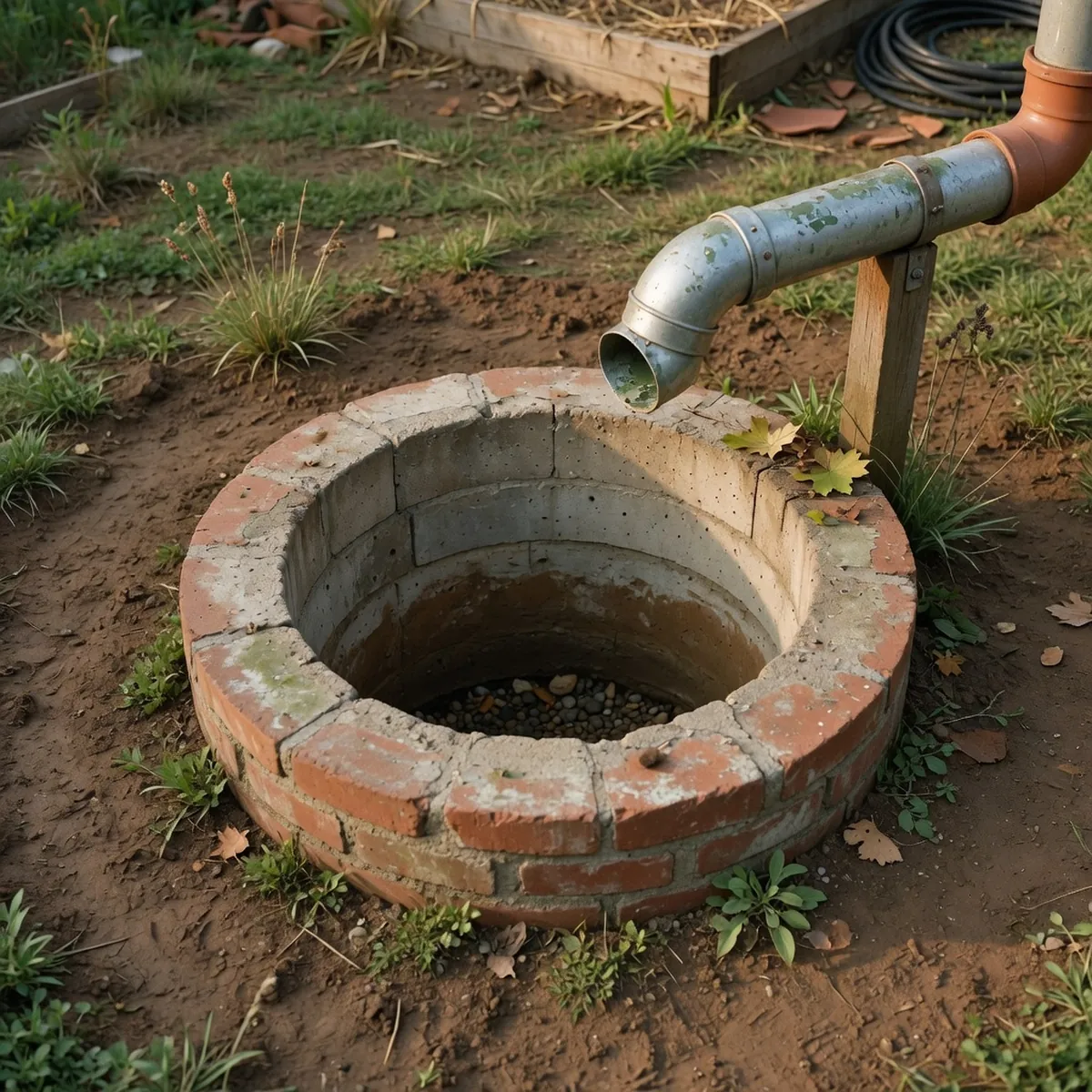 A circular concrete and brick dry well dug into the ground with a downspout pipe directing water into the opening.