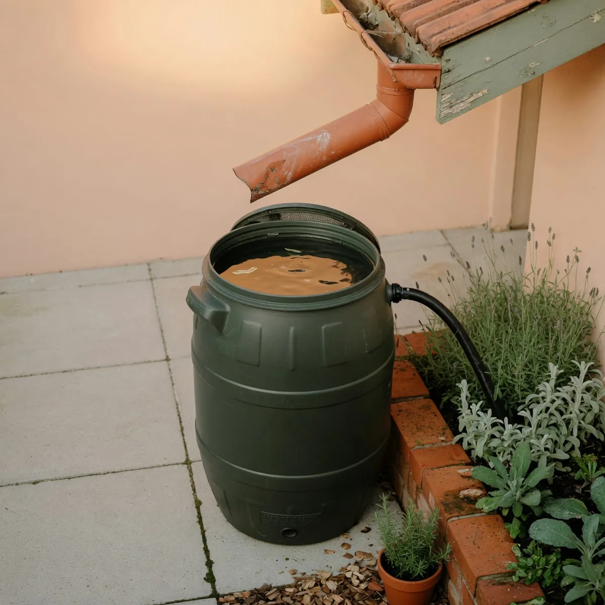 A sturdy plastic rain barrel positioned under a roof gutter downspout to collect runoff water for garden use.