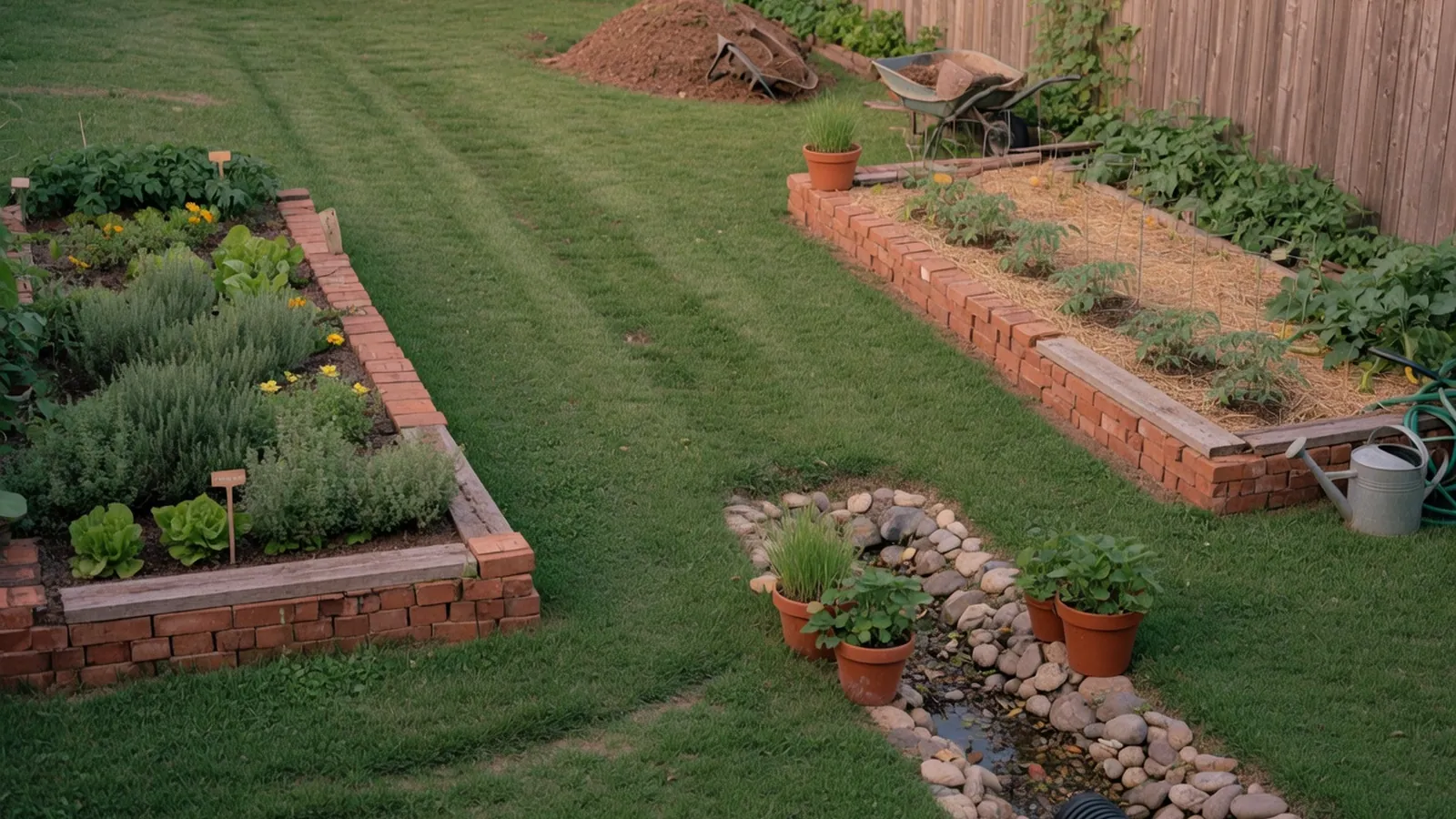 A residential backyard with a gentle slope and a visible drainage channel directing water away from the house.