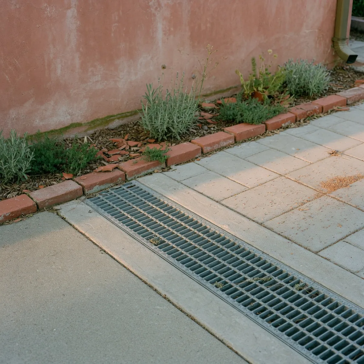 A long narrow concrete trench drain installed along a driveway edge with a metallic grate cover.