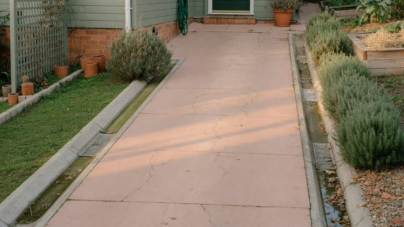 A paved driveway sloping gently away from a residential house with visible drainage channels along the edges.
