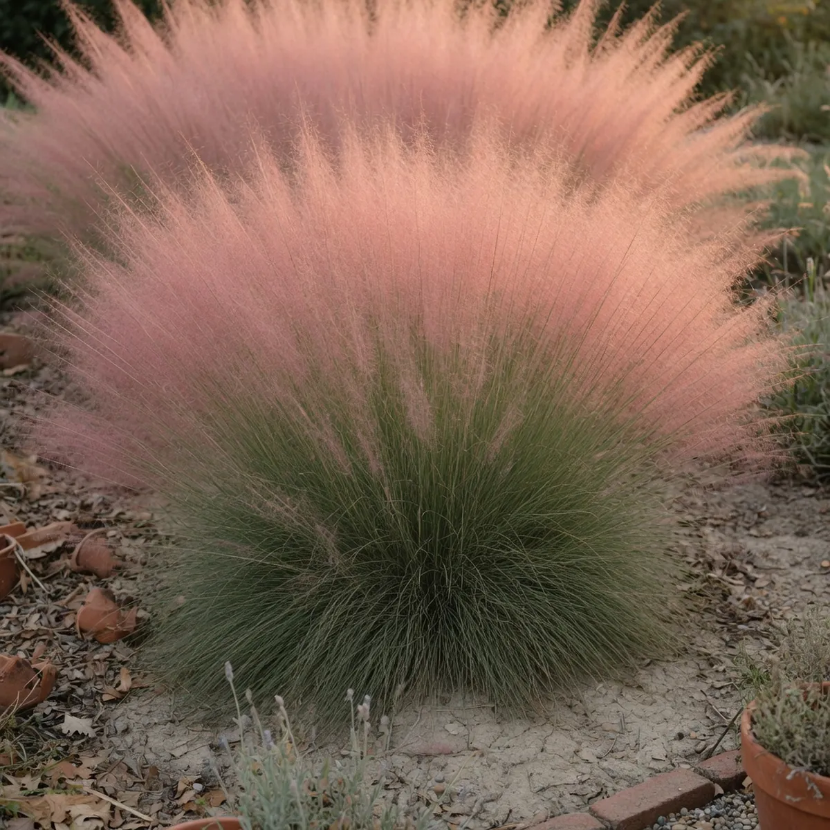 A dense clump of pink muhly grass with feathery pink plumes rising above slender green blades in a dry garden bed.