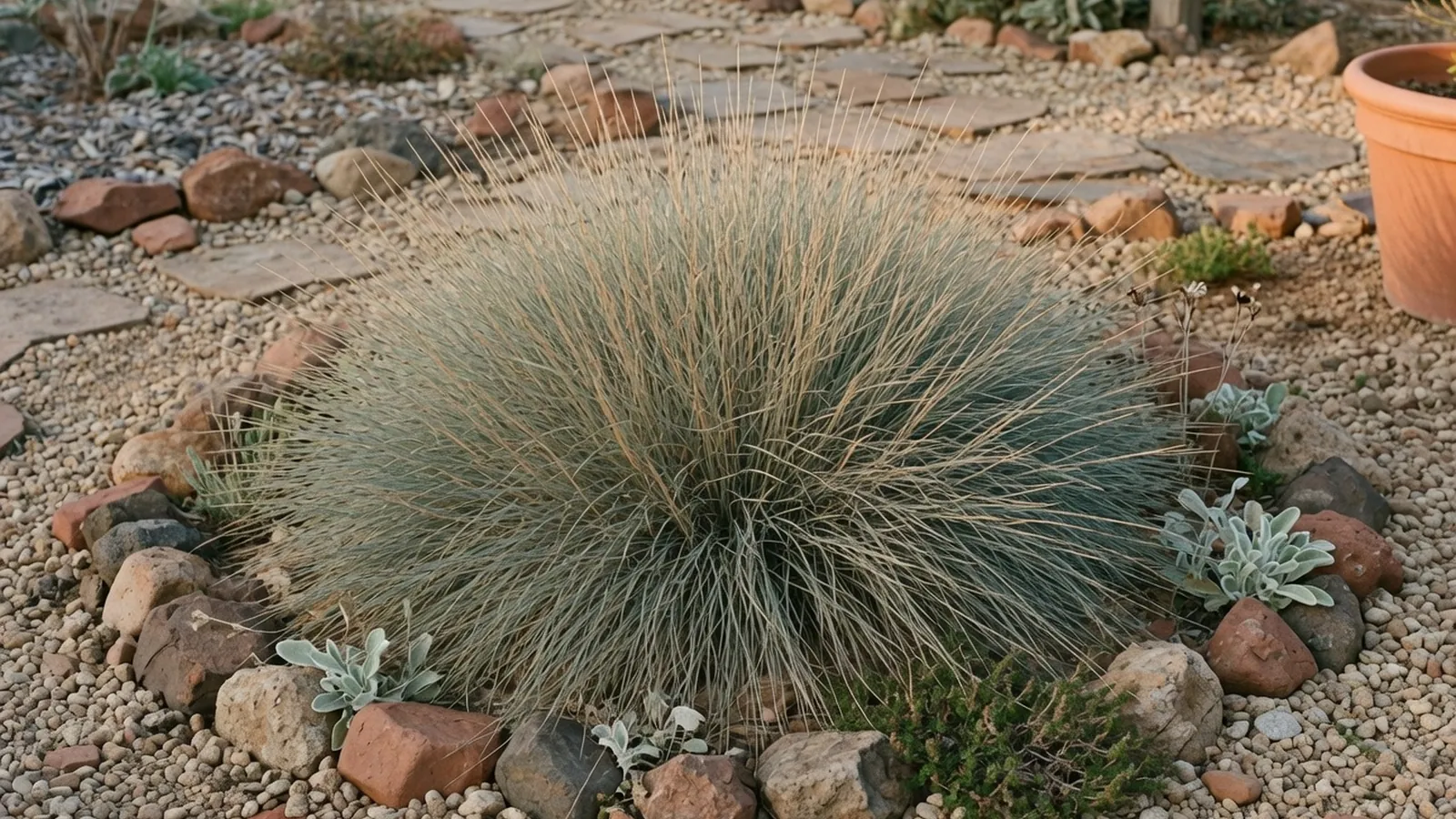 A cluster of blue fescue grass with narrow bluish-gray leaves growing in a dry, rocky garden bed.