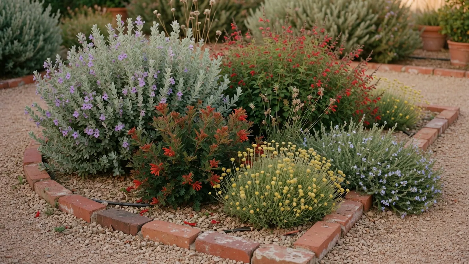 A lush garden border featuring a variety of drought-resistant shrubs thriving in dry, sunny conditions.