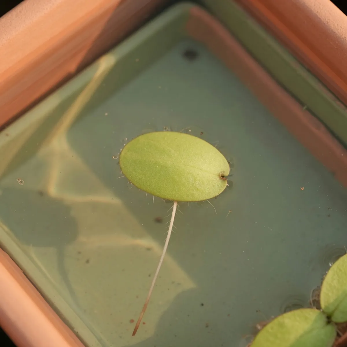 A close-up view of a single light green oval duckweed thallus floating on water with a fine rootlet visible beneath.