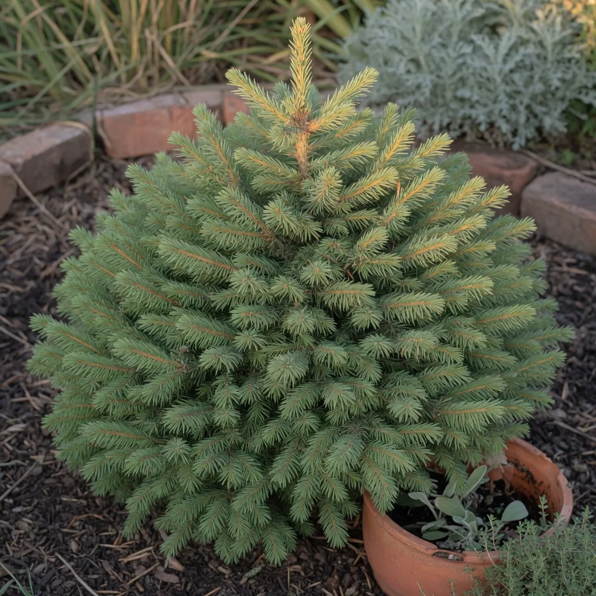A young Dwarf Alberta Spruce displaying its tightly layered soft green needles in a neat pyramidal shape.