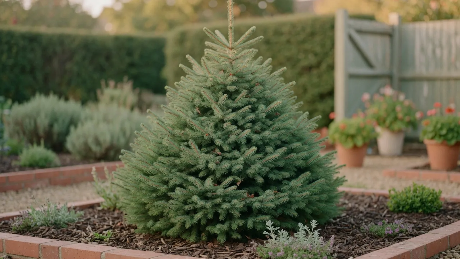 A classic Dwarf Alberta Spruce standing as a compact evergreen specimen in a landscaped garden.