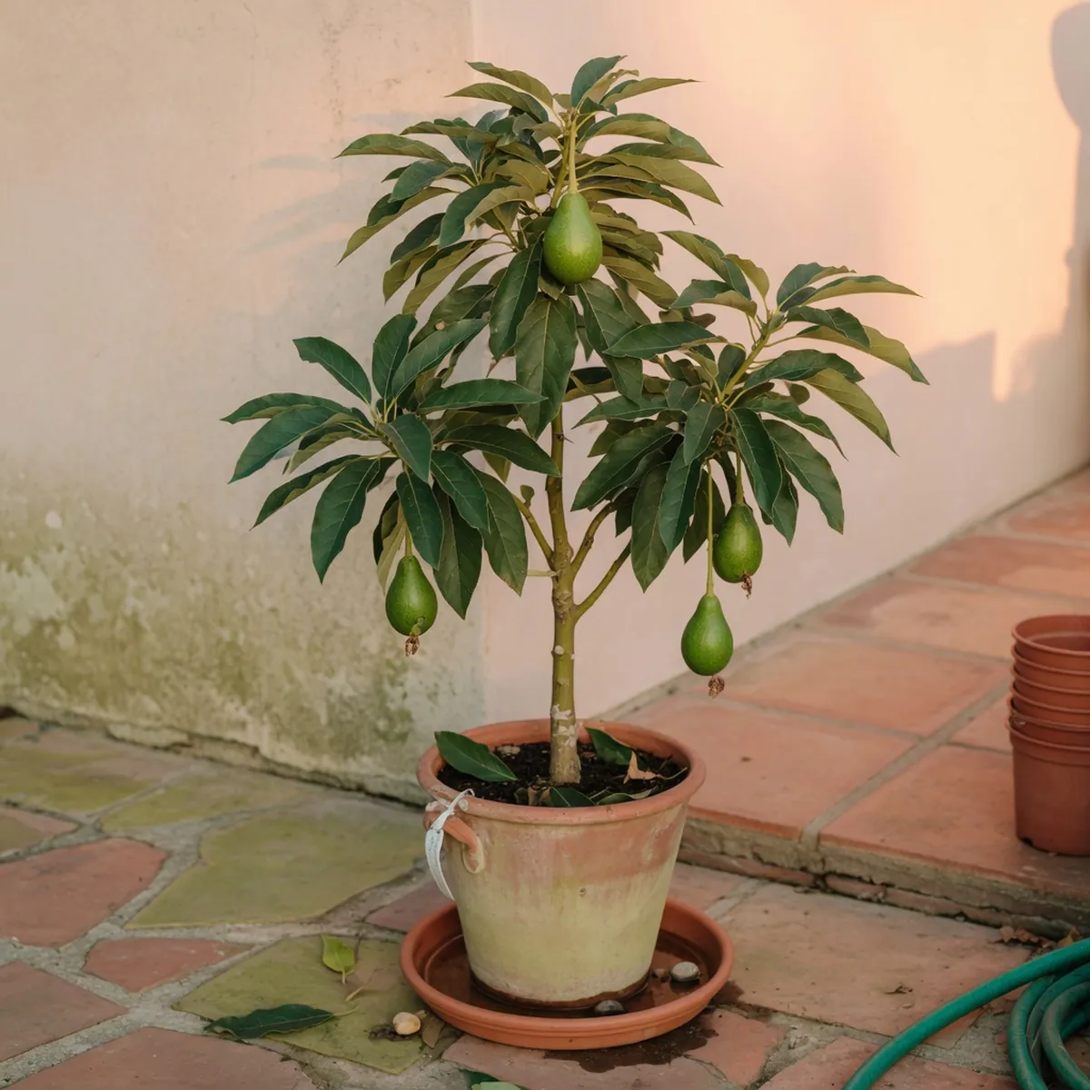 A small potted dwarf avocado tree with glossy foliage and developing fruit sitting on a sunny patio.