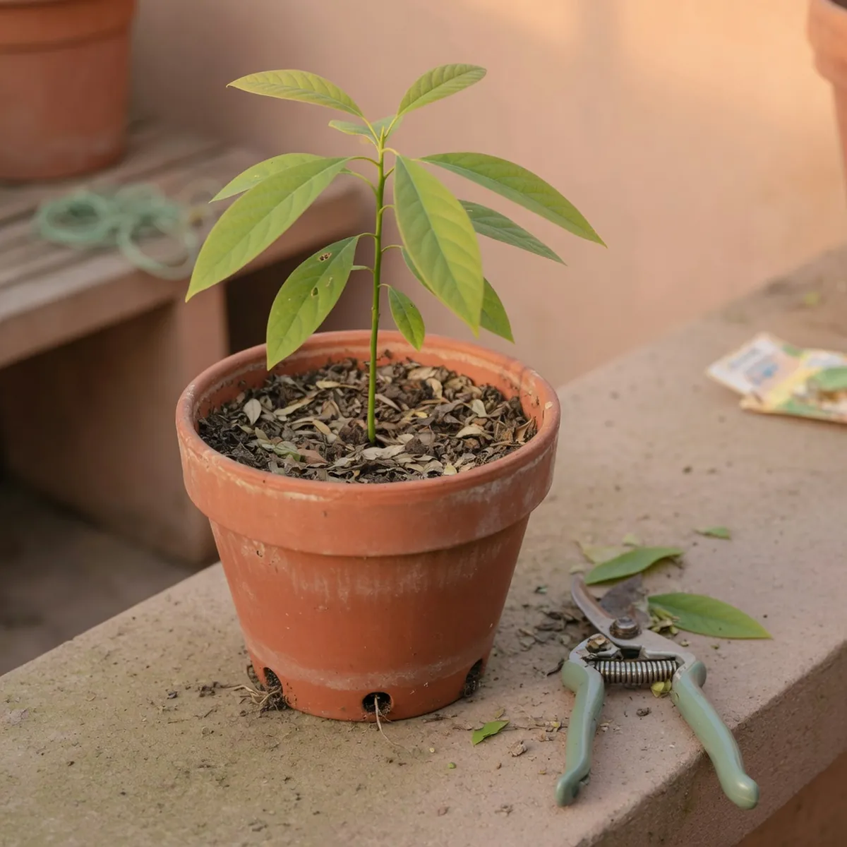 A young avocado sapling in a terracotta pot with visible drainage holes and pruning shears resting nearby.