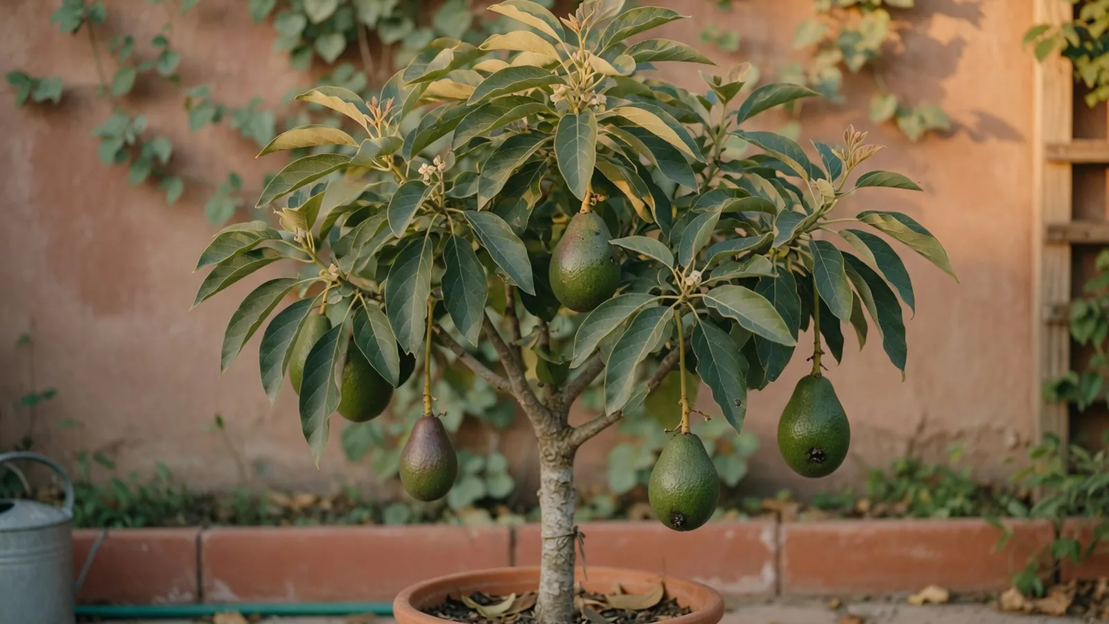 A compact avocado tree with broad green leaves and several dark green, pear-shaped fruits hanging from its branches, set against a softly blurred garden backdrop.