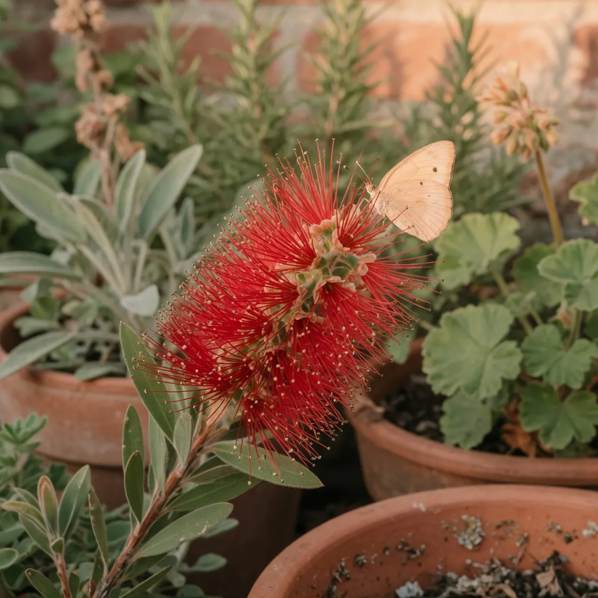 A close-up of a red bottlebrush flower spike with a small butterfly resting on the stamens.