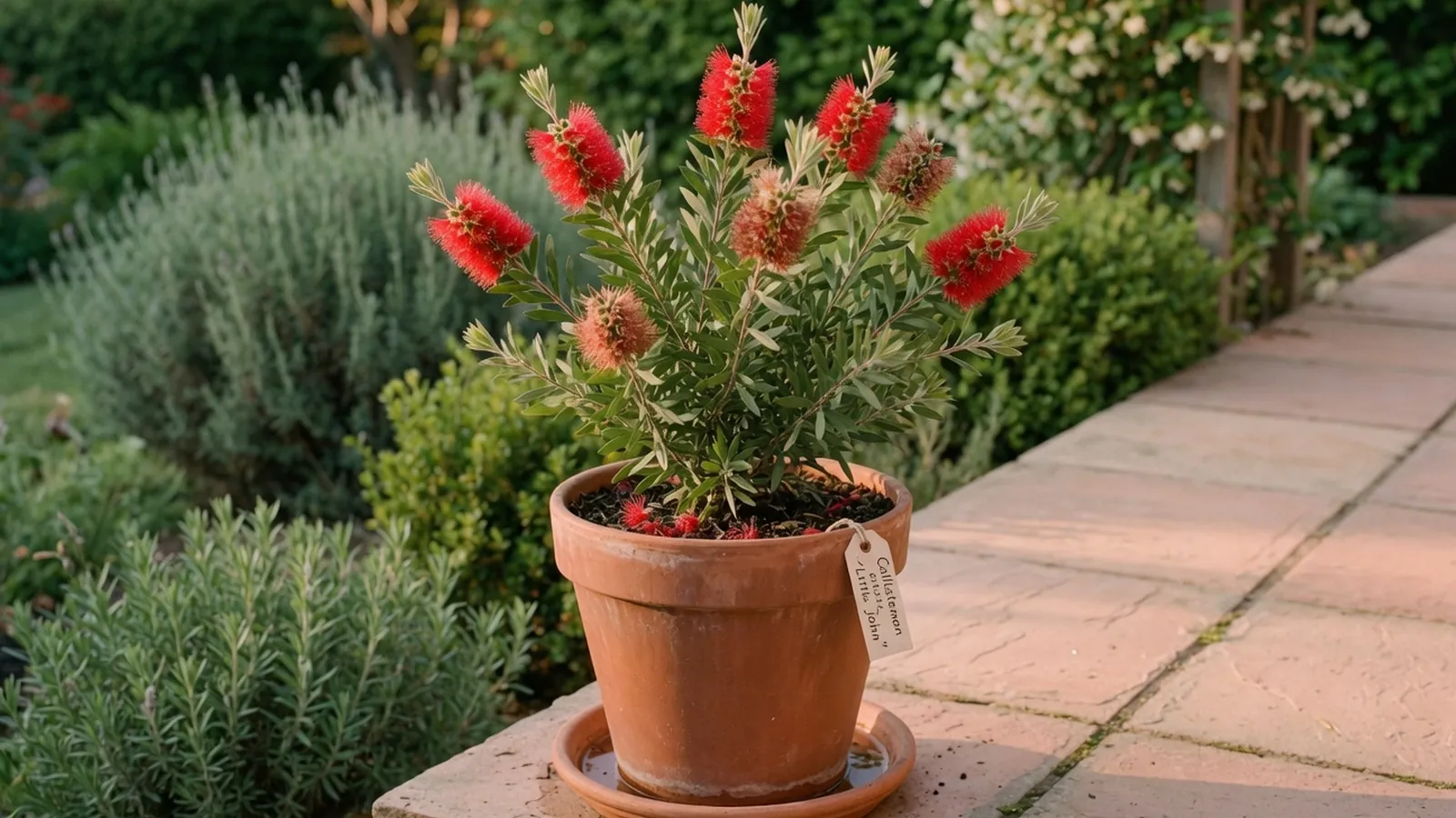 A potted dwarf bottlebrush shrub displays bright red cylindrical flowers and narrow green foliage.