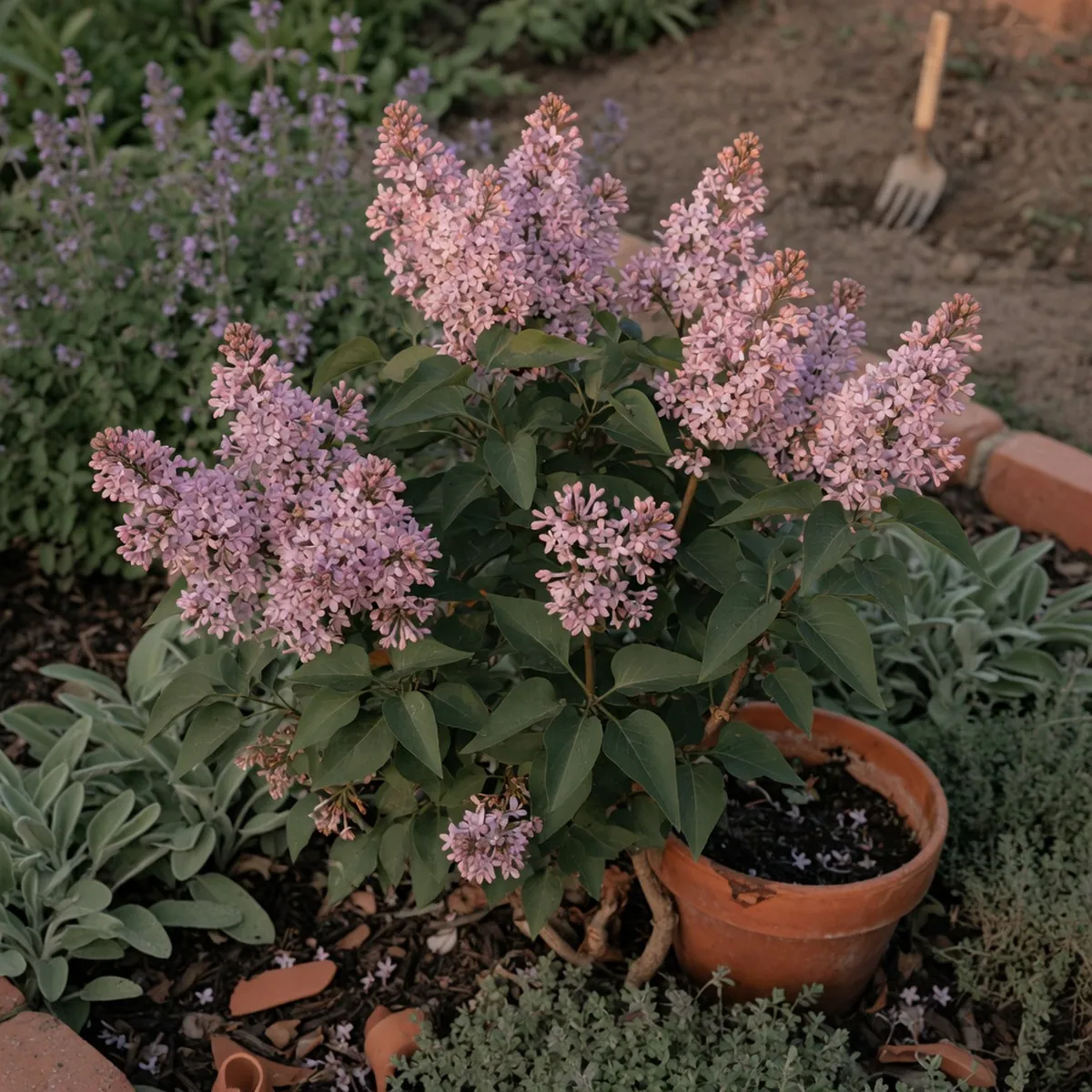 A compact lilac shrub displays dense clusters of pinkish-lavender flowers among dark green foliage.
