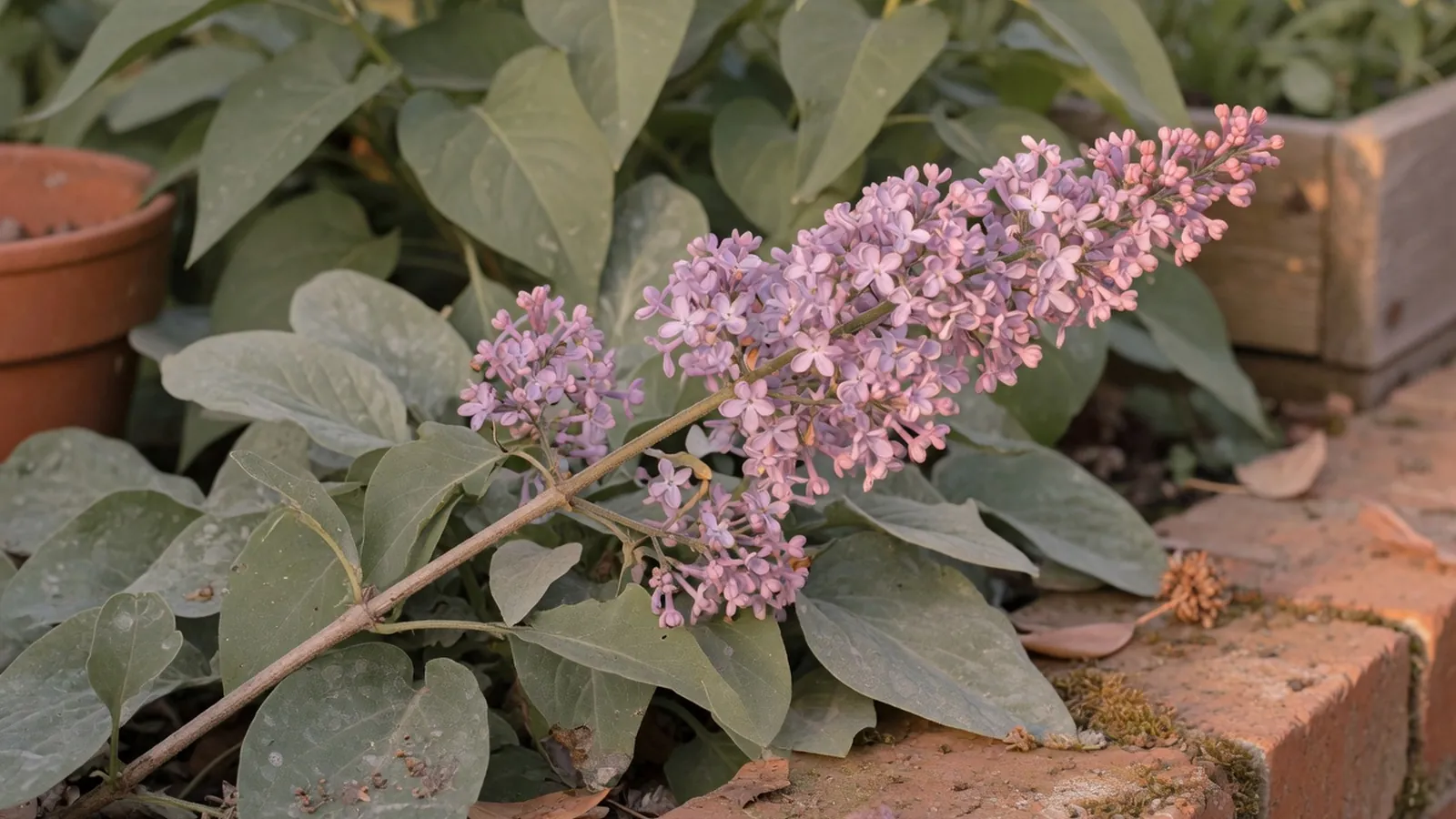 A close-up of a dwarf Korean lilac panicle shows fragrant lavender-pink florets against green leaves.