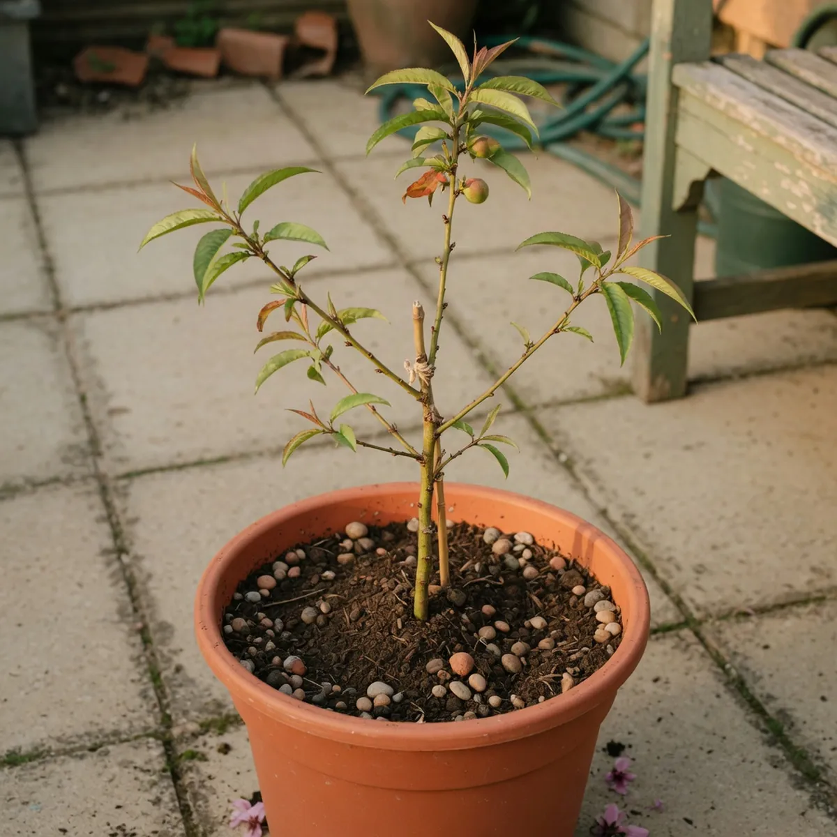 A young peach sapling in a terracotta pot filled with rich loam soil and a layer of small pebbles at the base.