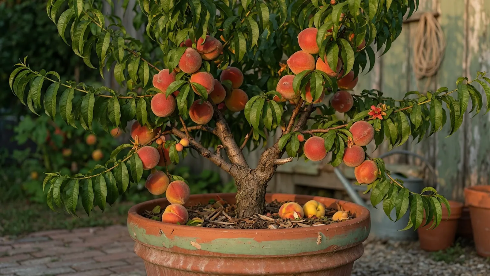A healthy dwarf peach tree bearing ripe, fuzzy peaches in a spacious garden pot.