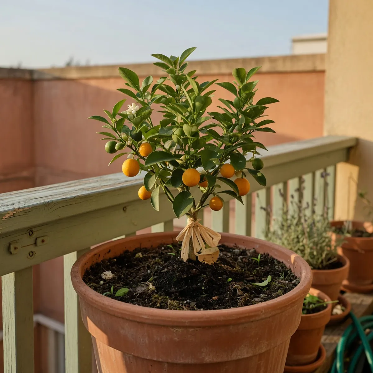 A potted dwarf tree with rich soil sits on a balcony railing.