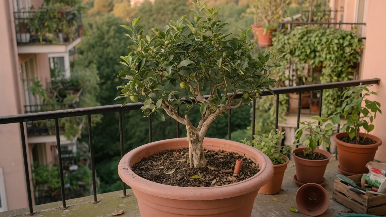 A compact dwarf tree in a ceramic planter brightens a sunlit apartment balcony.