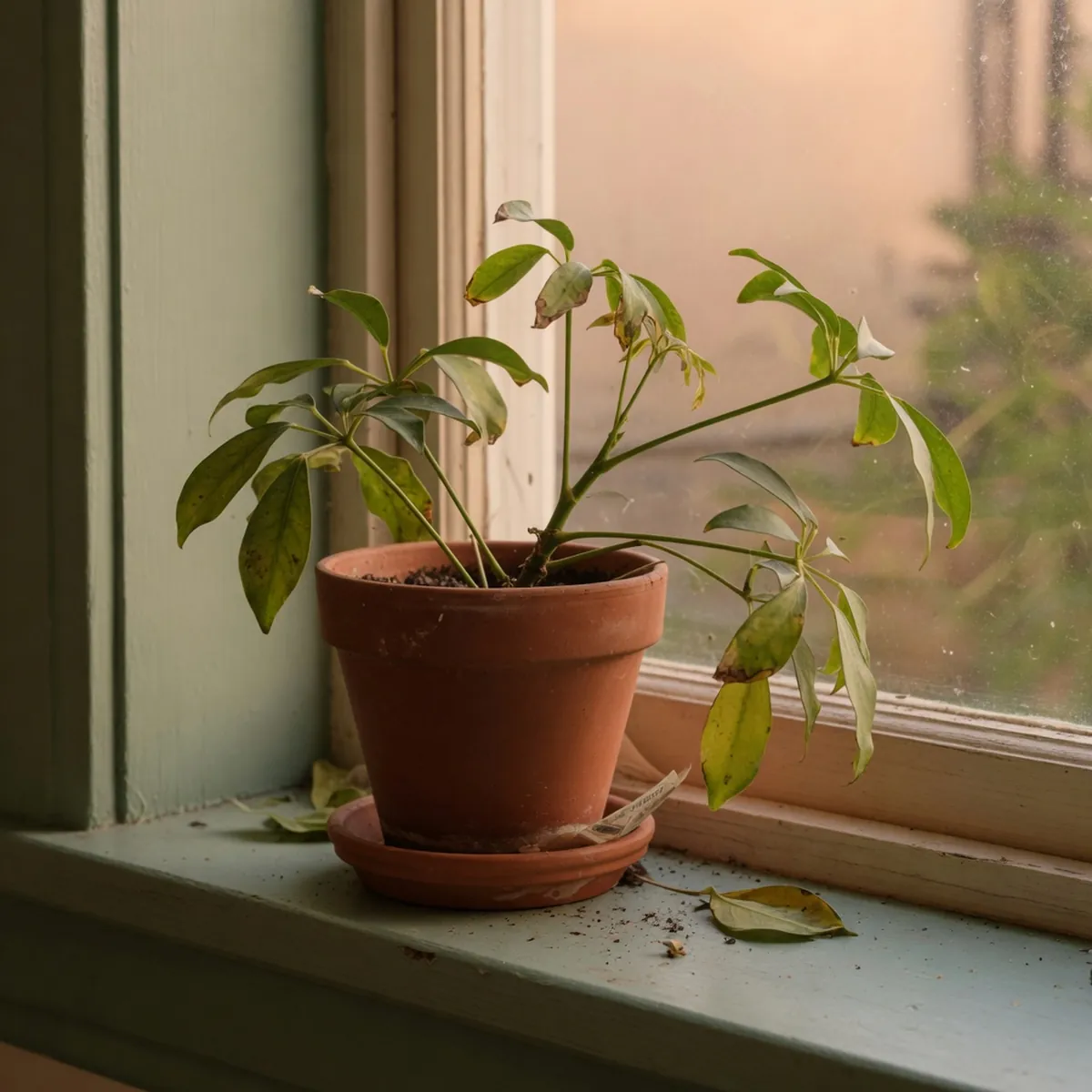 A potted dwarf umbrella tree showing dried leaf tips and slightly curled foliage on a wooden surface.