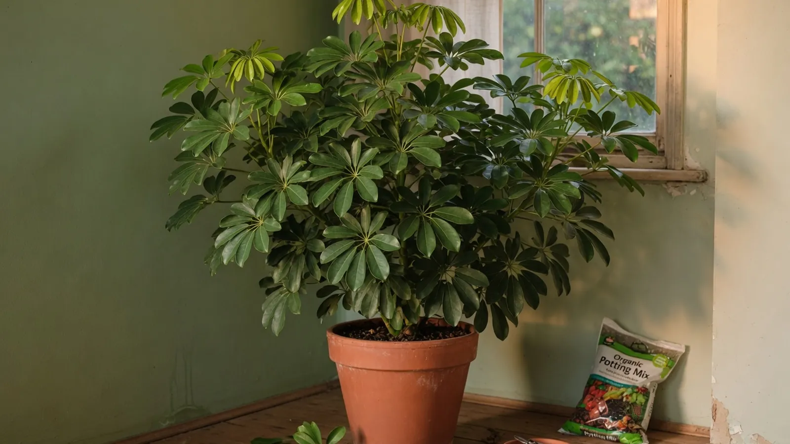 A healthy dwarf umbrella tree with glossy, palmately compound leaves growing in a decorative ceramic pot.