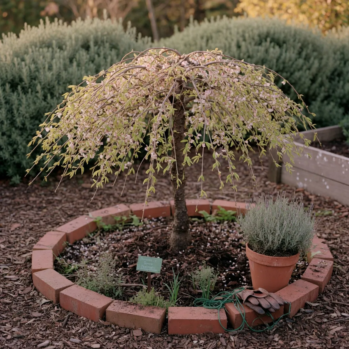 A dwarf weeping cherry tree with a compact, umbrella-shaped canopy and drooping branches in a garden setting.