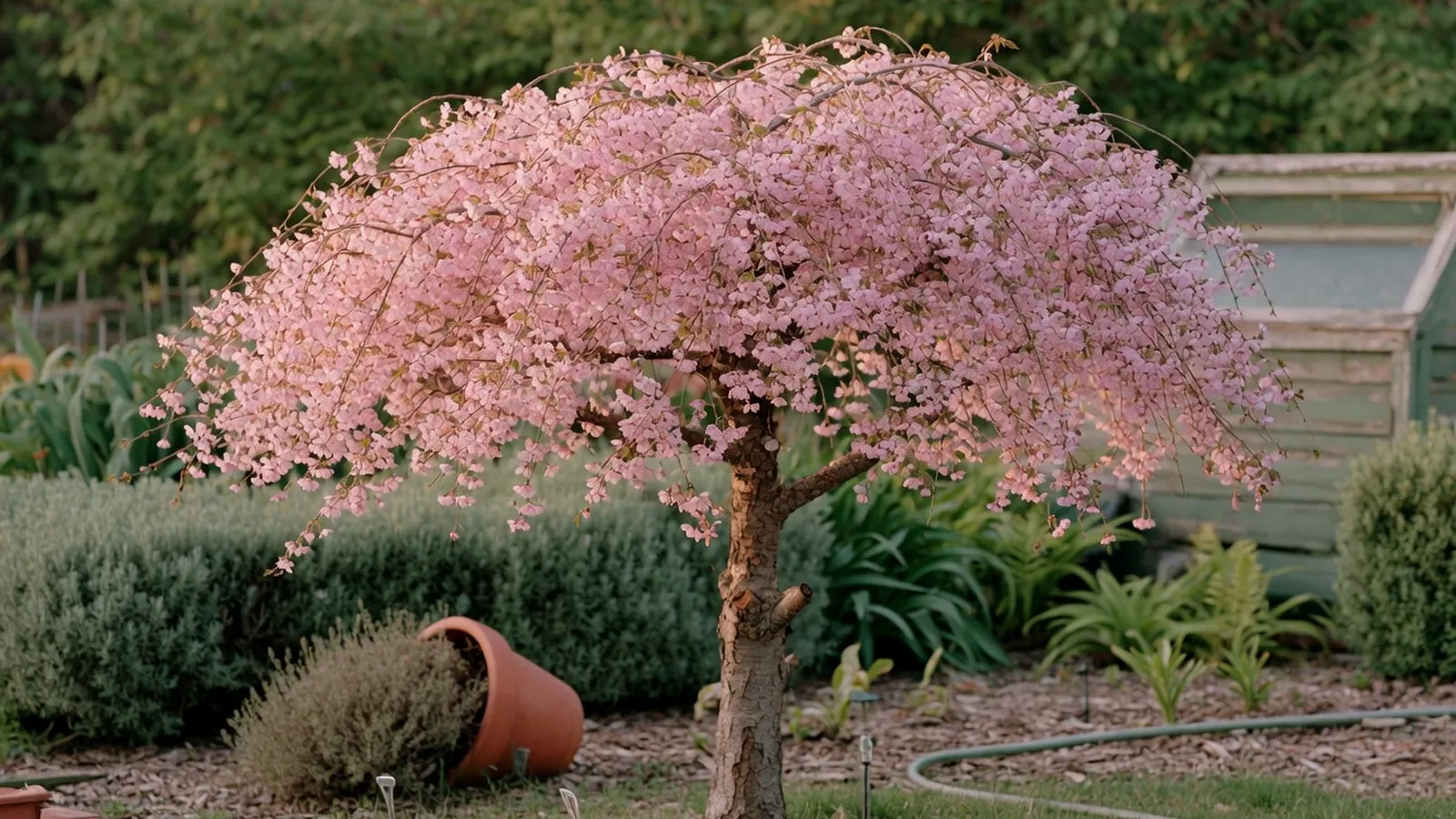 A full dwarf weeping cherry tree in bloom with cascading branches and delicate pink blossoms in a garden landscape.