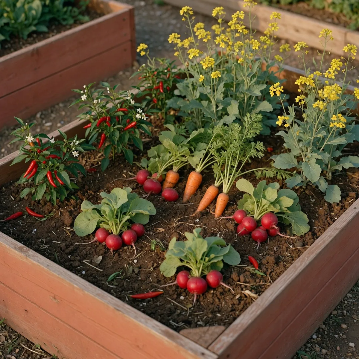 A garden bed displaying harvested root vegetables alongside flowering spice plants in natural sunlight.