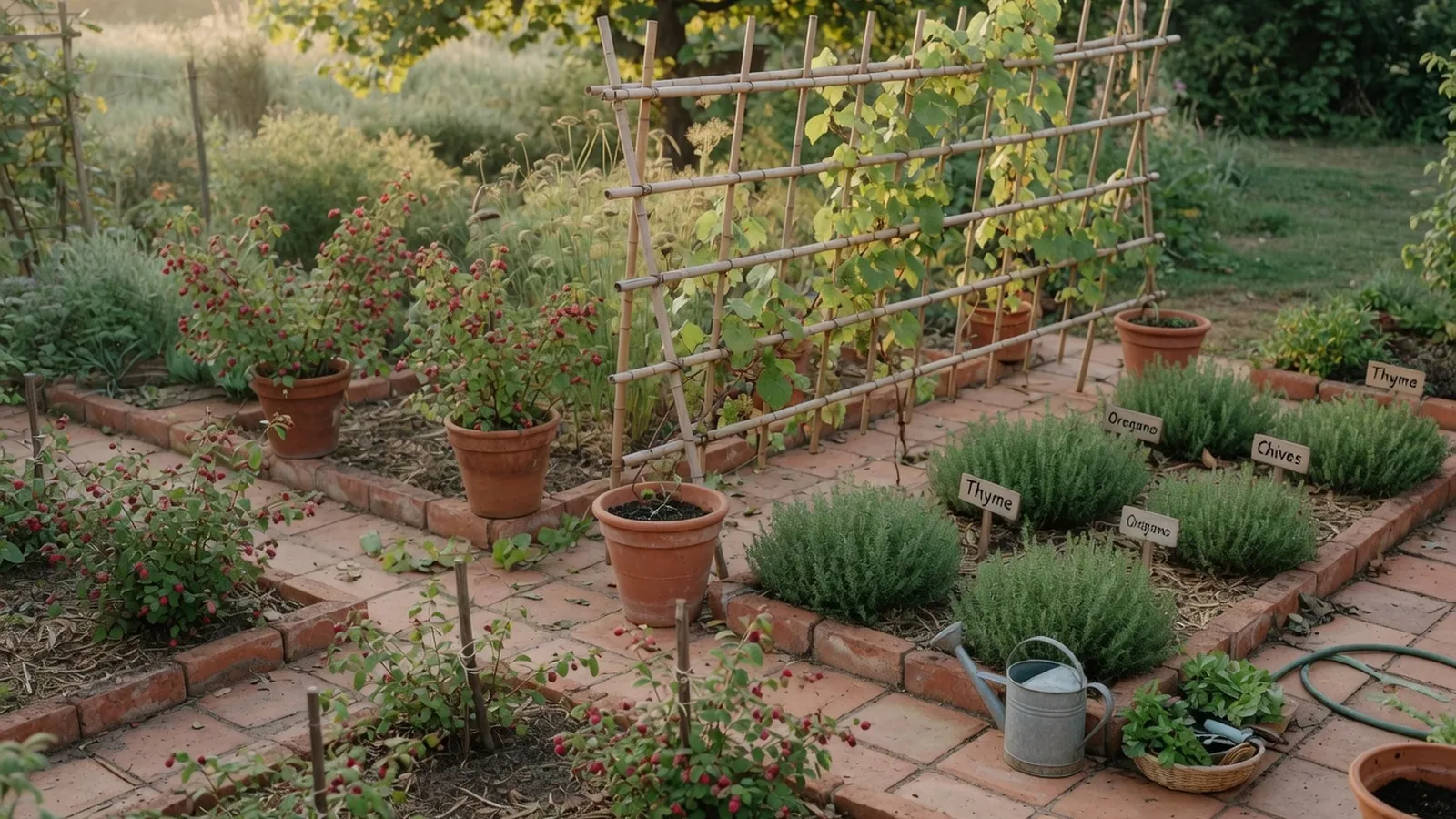 A productive backyard garden combining berry bushes, climbing vines, and herb patches in soft morning light.