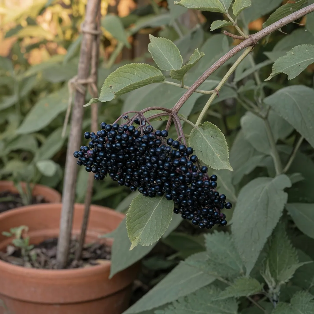 A cluster of dark blue-black elderberries hanging from a woody stem with serrated green leaves.