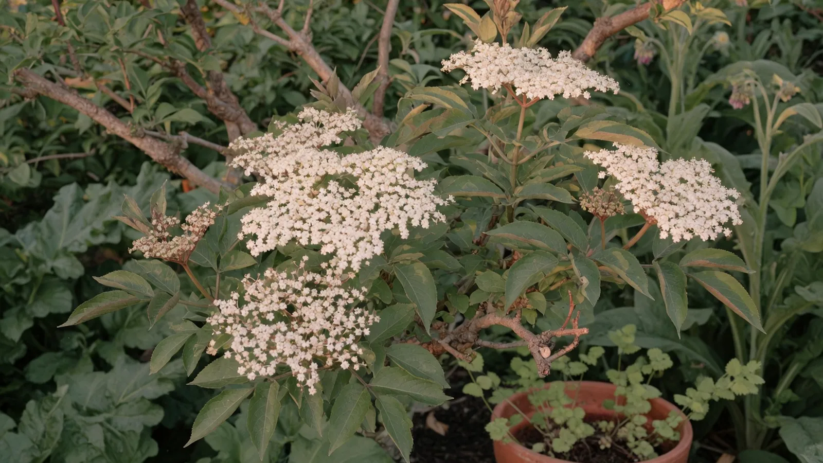 A mature elderberry shrub displaying flat-topped clusters of small white flowers against green foliage.
