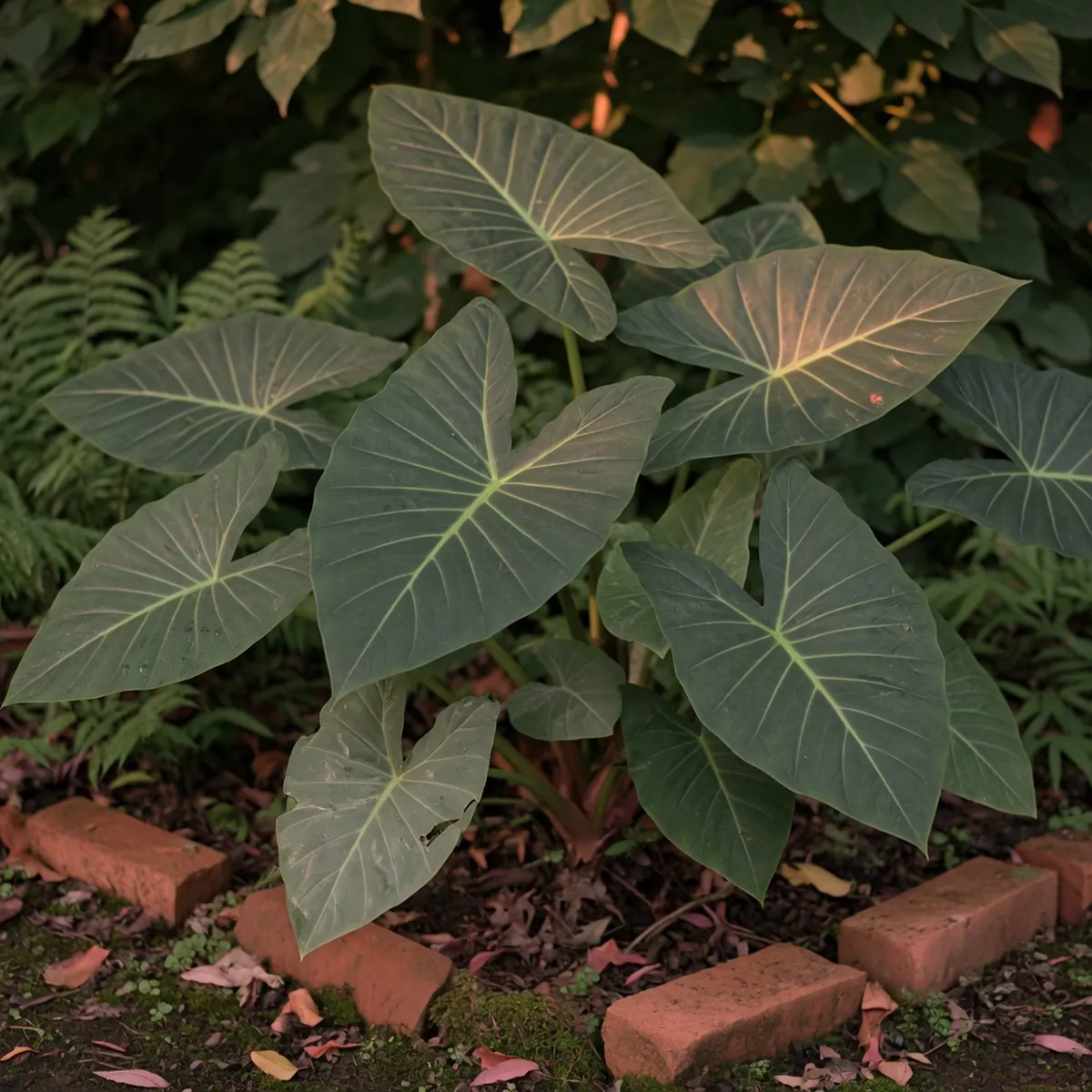 Large arrow-shaped Alocasia leaves displaying prominent light green veins against a dark green backdrop.