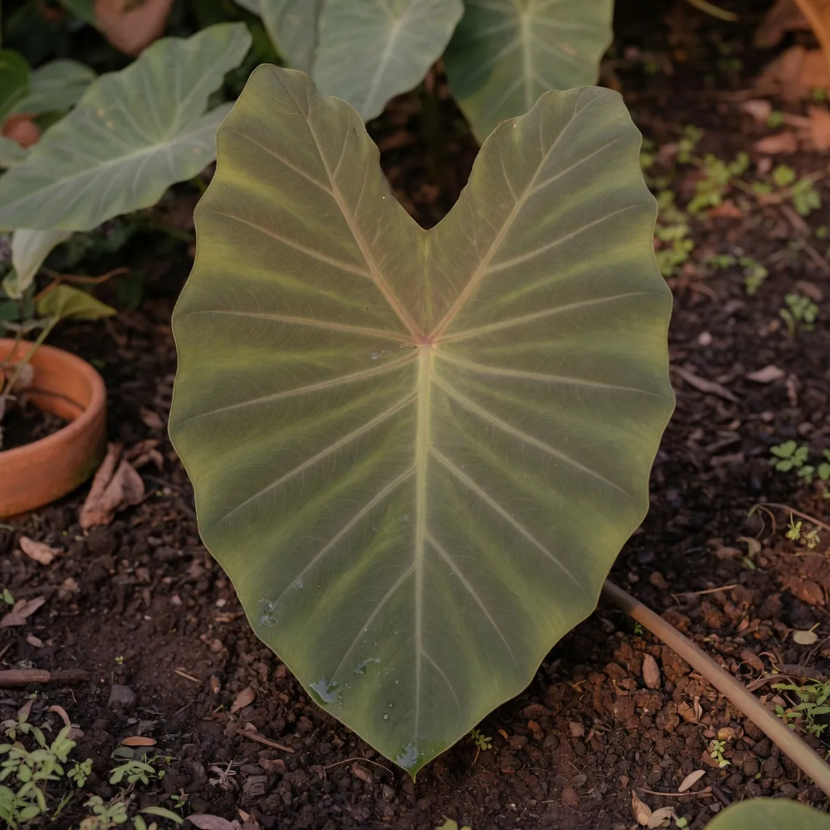 A broad shield-shaped Colocasia leaf with a deep central notch growing above dark moist soil.